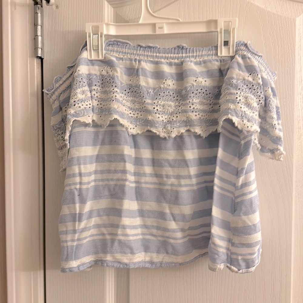 American Eagle white and light blue off the shoulder top, size small